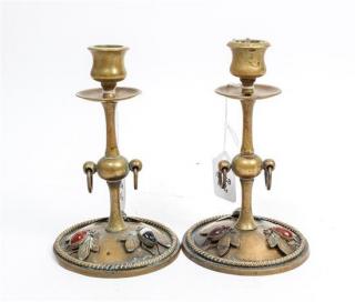 Appraisal: A Pair of Brass and Hardstone Inset Candlesticks the urn