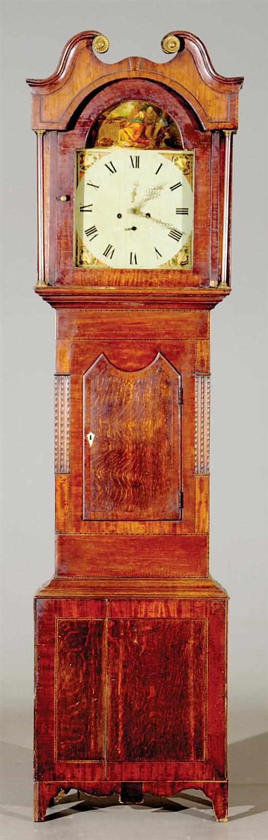 Appraisal: Scottish inlaid oak tall case clock early th century swan's-neck