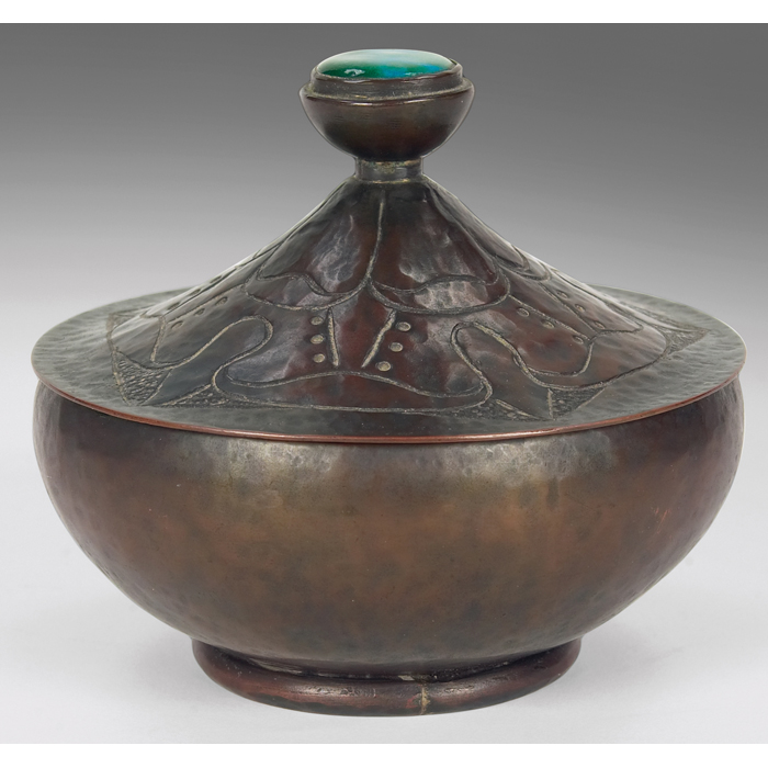 Appraisal: English Arts and Crafts lidded bowl in hammered copper lid