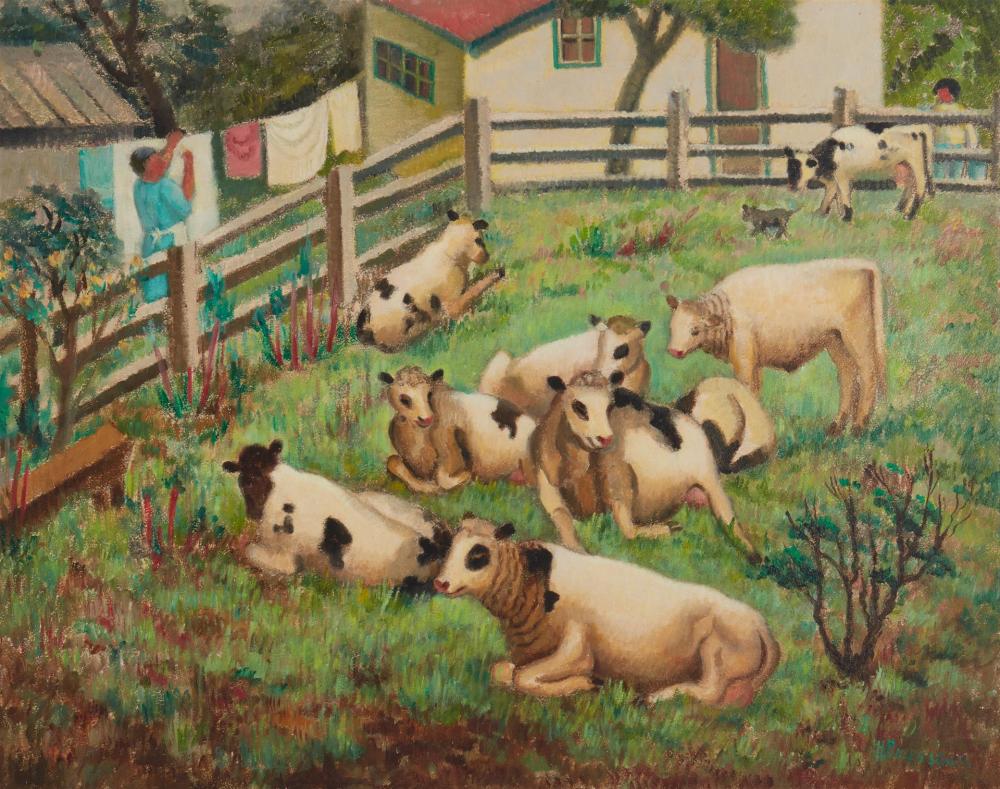 Appraisal: Helen Rousseau - Santa Barbara CA Cows in a barnyard