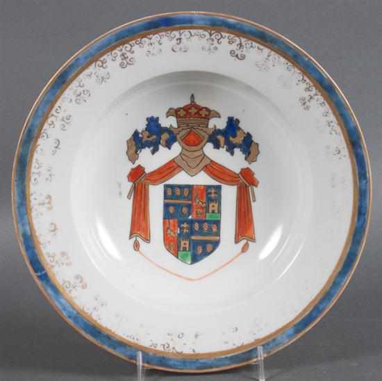 Appraisal: Chinese Export armorial porcelain bowl th century blue rimmed border