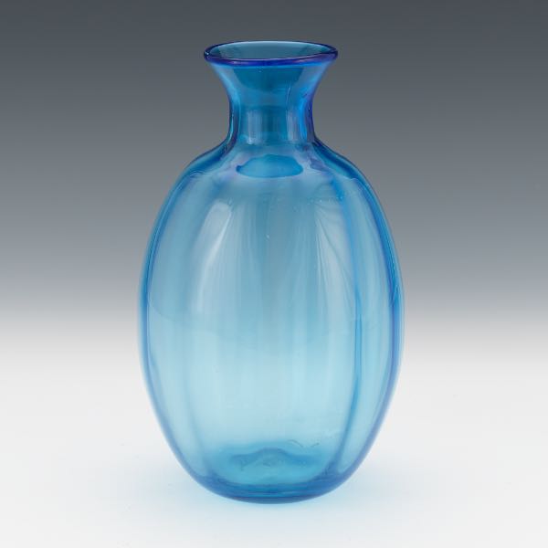 Appraisal: BLENKO ART GLASS BLUE MELON OPTIC VASE x Hand blown