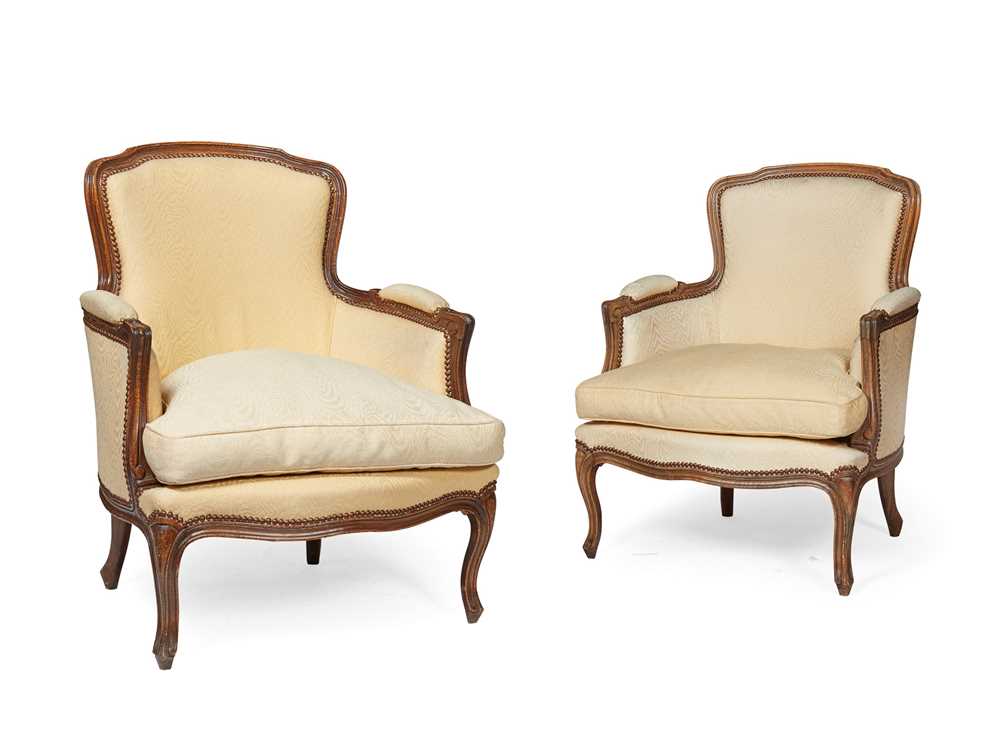 Appraisal: PAIR OF FRENCH BEECH FRAMED BERGERES LATE TH CENTURY upholstered