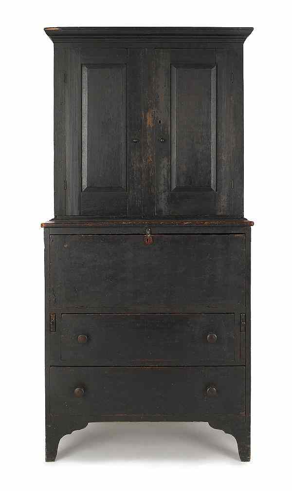 Appraisal: New England painted pine two-part cupboard ca with a bookcase