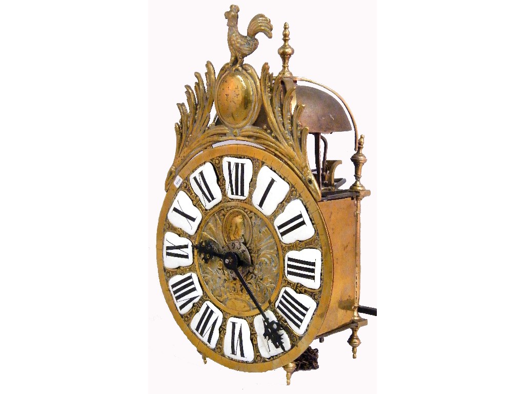 Appraisal: Interesting French lantern verge alarm clock the circular brass repousse