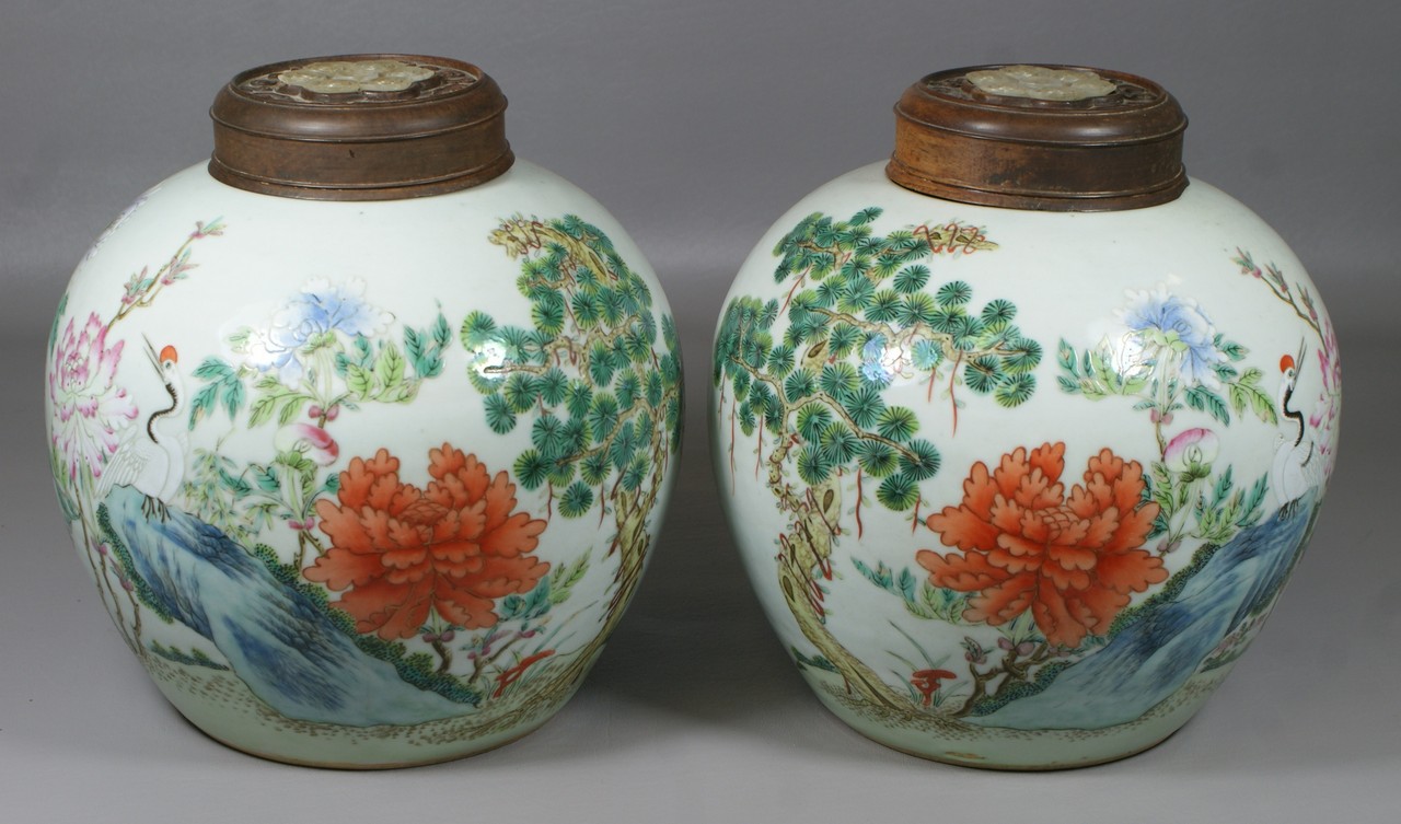 Appraisal: Pr Celadon ground Chinese porcelain ginger jars with Famille rose