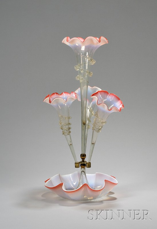 Appraisal: Late Victorian Opalescent Art Glass Epergne with three arms overall