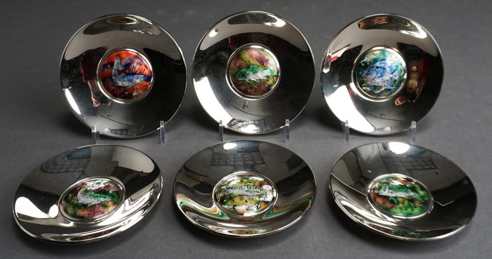 Appraisal: Six Enamel Fish-Decorated Silverplate Saucers