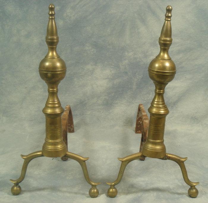 Appraisal: Pr early ball spire top brass andirons legs repaired h