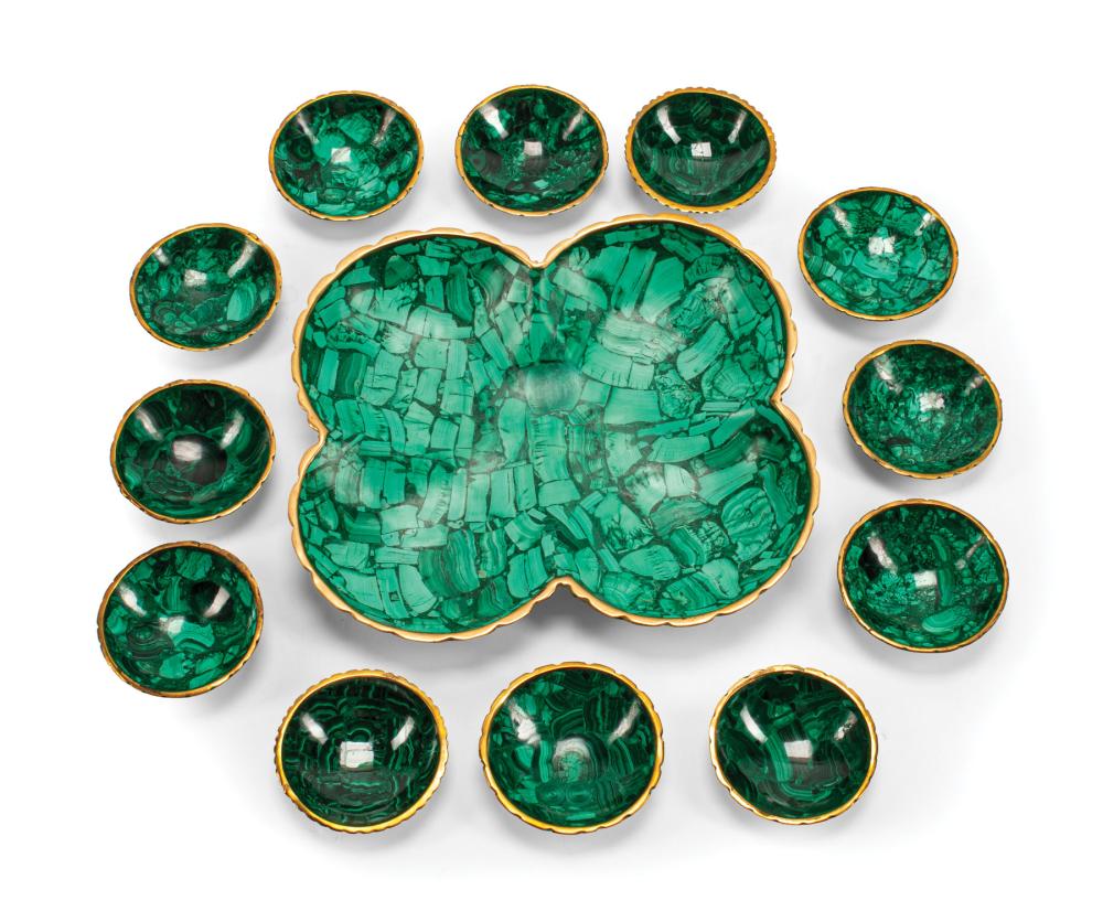 Appraisal: Thirteen-Piece Malachite Veneered Nut Service incl small bowls and large