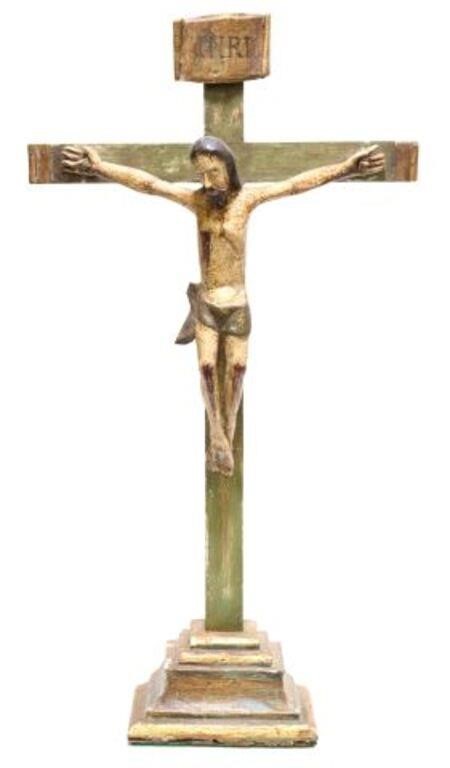 Appraisal: Folk Art carved and painted crucifix wood cross with Corpus