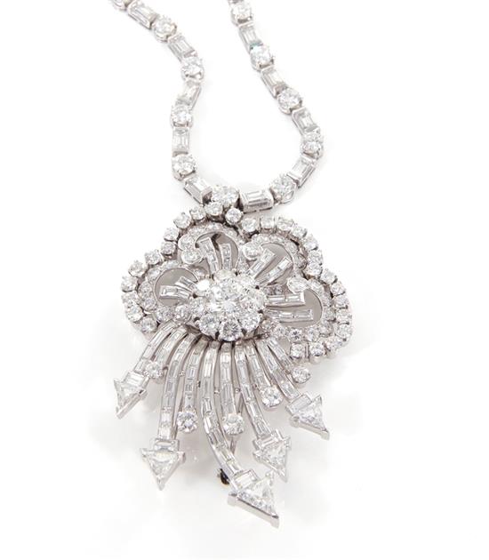 Appraisal: Art Deco platinum and diamond pendant brooch on necklace circa