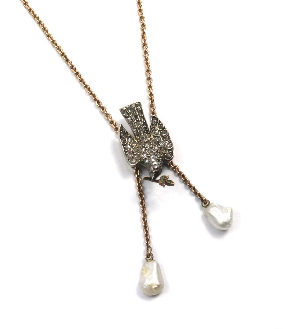 Appraisal: A rose diamond and baroque cultured pearl pendant necklace the