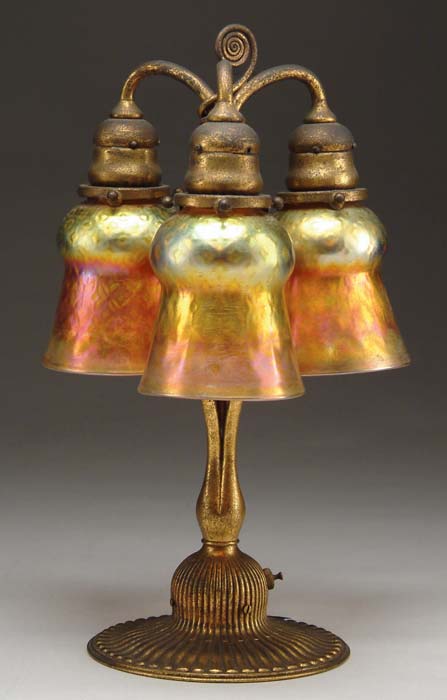 Appraisal: TIFFANY STUDIOS THREE-LIGHT TULIP LAMP Beautiful Tiffany Studios lamp has