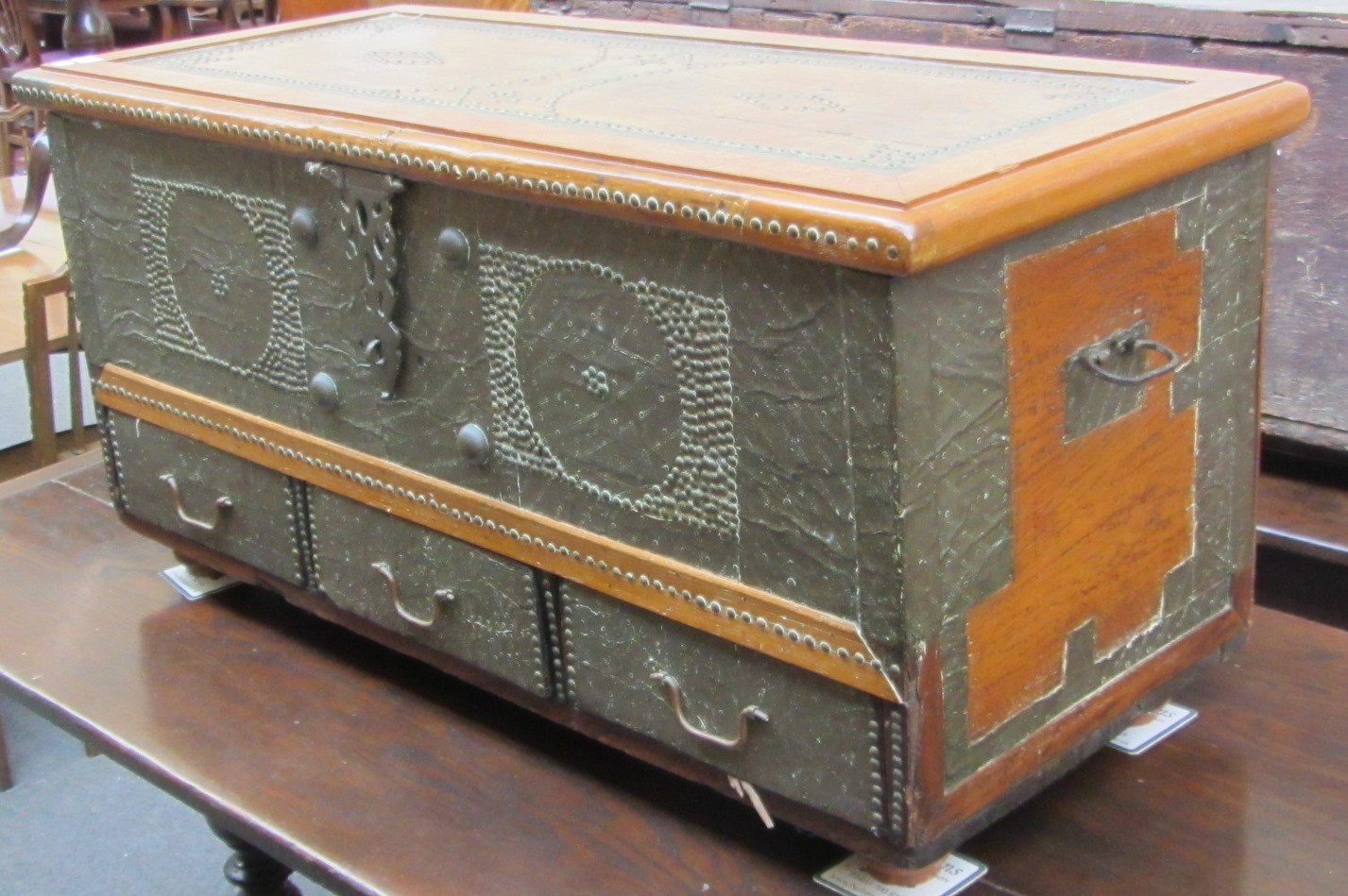 Appraisal: A th century teak and brass trunk the rectangular lift