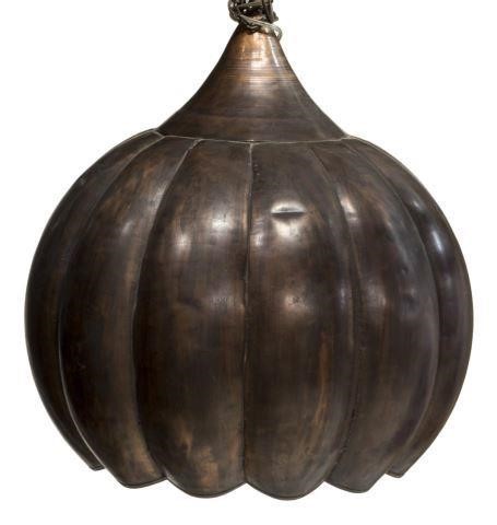 Appraisal: Floriform single-light copper chandelier closed petals accented with brown paint