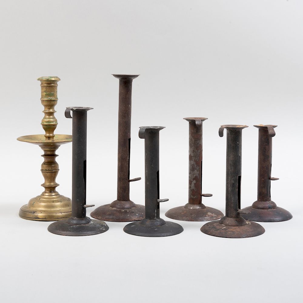 Appraisal: Group of Six American Tin Hogscraper Candlesticks and a Brass