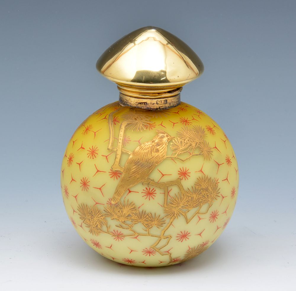 Appraisal: Thomas Webb yellow satin gold red enamel decorated perfume bottle