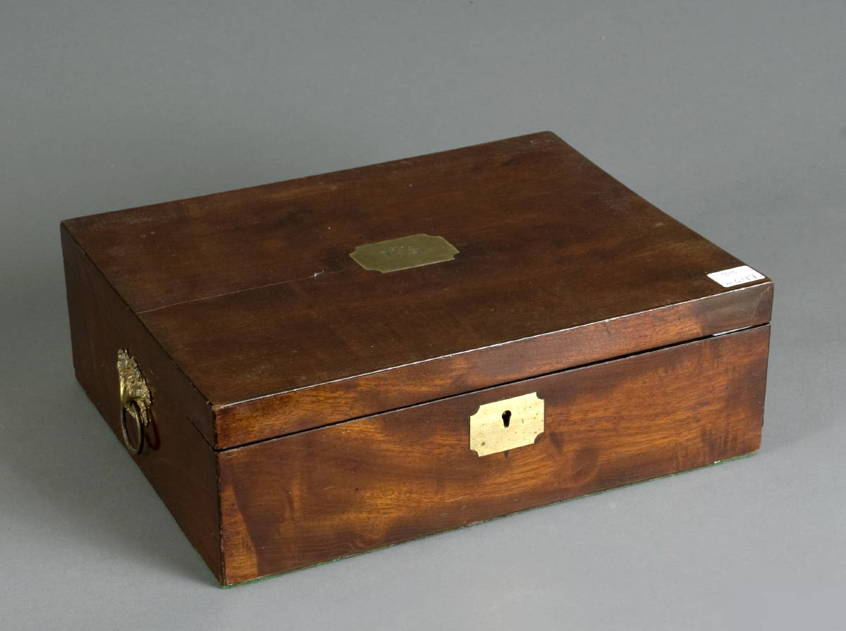 Appraisal: CLASSICAL MAHOGANY BOX WITH INSET BRASS ESCUTCHEON AND CORNUCOPIA HANDLES