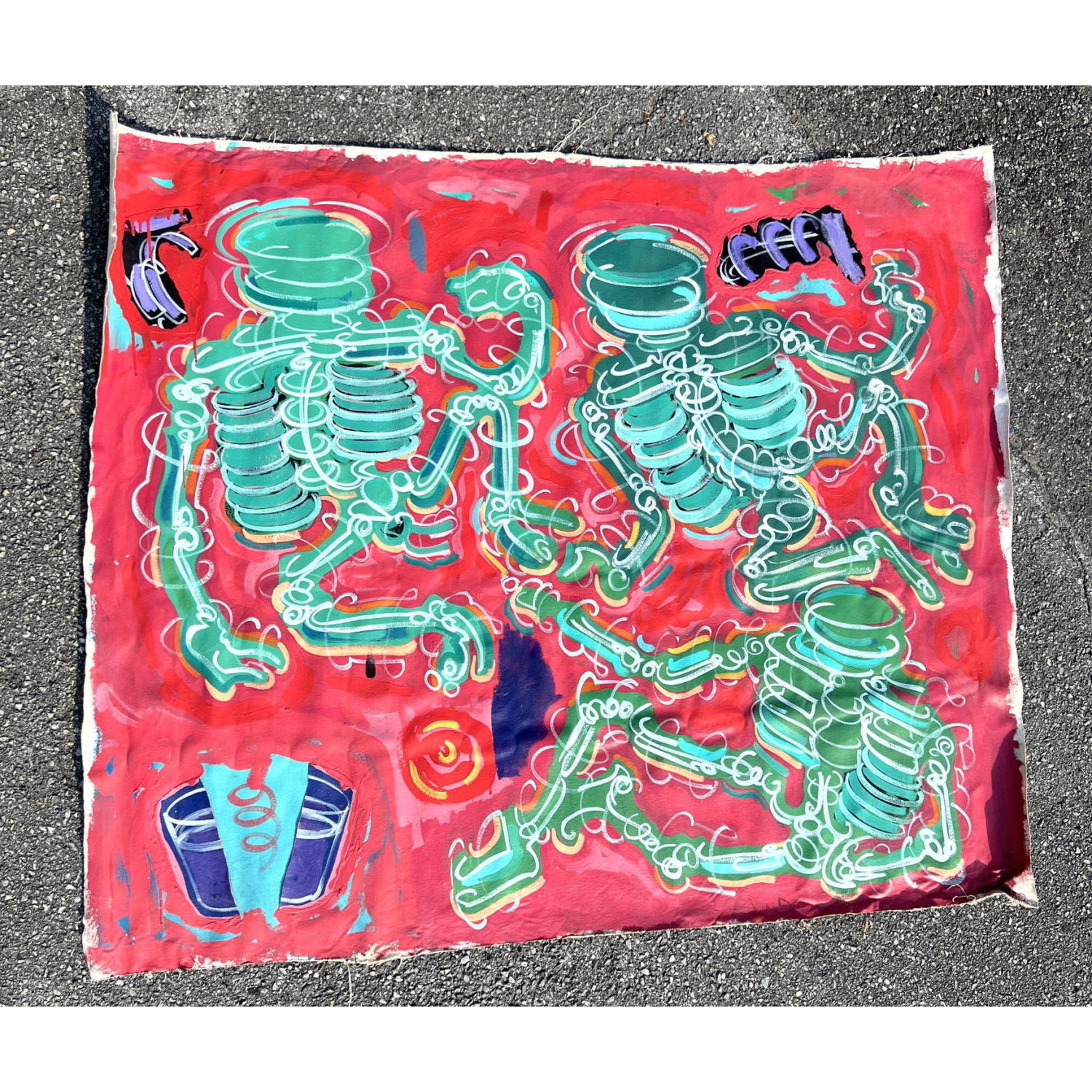 Appraisal: Large Modernist Abstract Painting Stylized Human Skeletons Very Colorful No