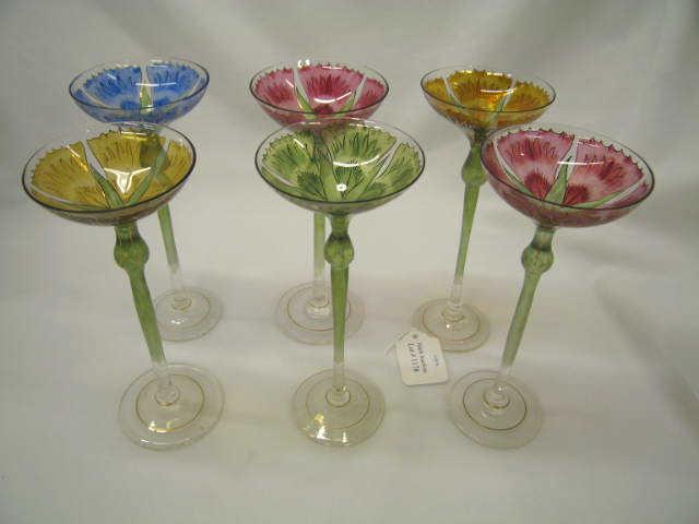 Appraisal: Set of Enameled Art Glass Tall Cordials floral bowls gold