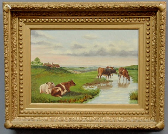 Appraisal: Oil on canvas landscape painting late th c of cows