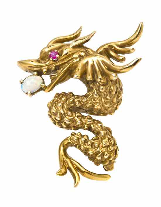 Appraisal: A Karat Yellow Gold Opal and Ruby Dragon Brooch in