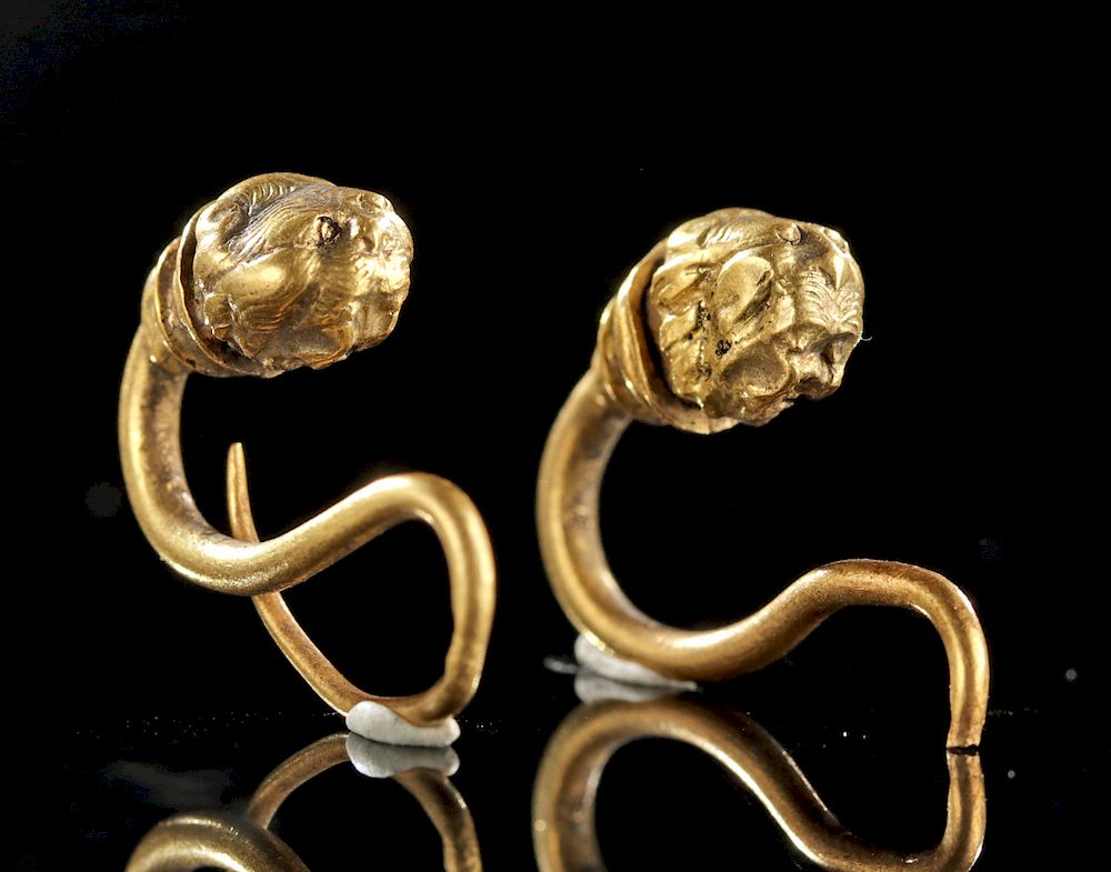 Appraisal: Greek Hellenistic Gold Earrings w Lion Heads g Greece Hellenistic