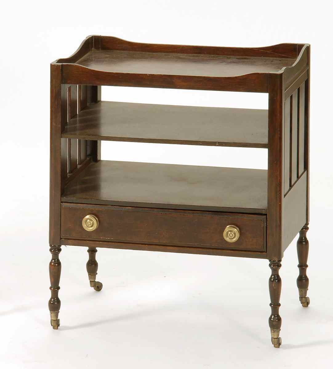 Appraisal: SHERATON-STYLE ONE-DRAWER CANTERBURY In mahogany with brass drawer pulls Delicate