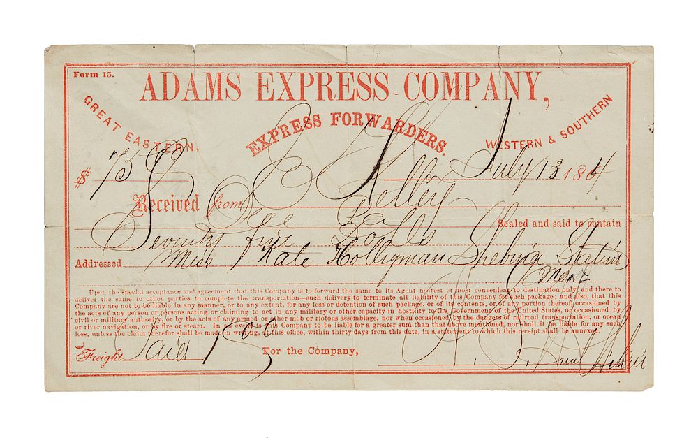 Appraisal: Adams Express Co Receipt Adams Express Co receipt dated July