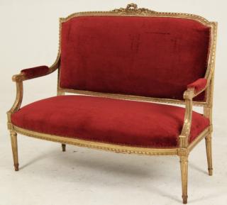 Appraisal: FRENCH LOUIS XVI STYLE GOLD GILT CARVED SETTEE FRENCH LOUIS