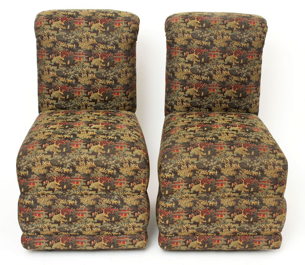 Appraisal: Chinoiserie Style Slipper Chairs with Pagodas Pair of Chinoiserie style