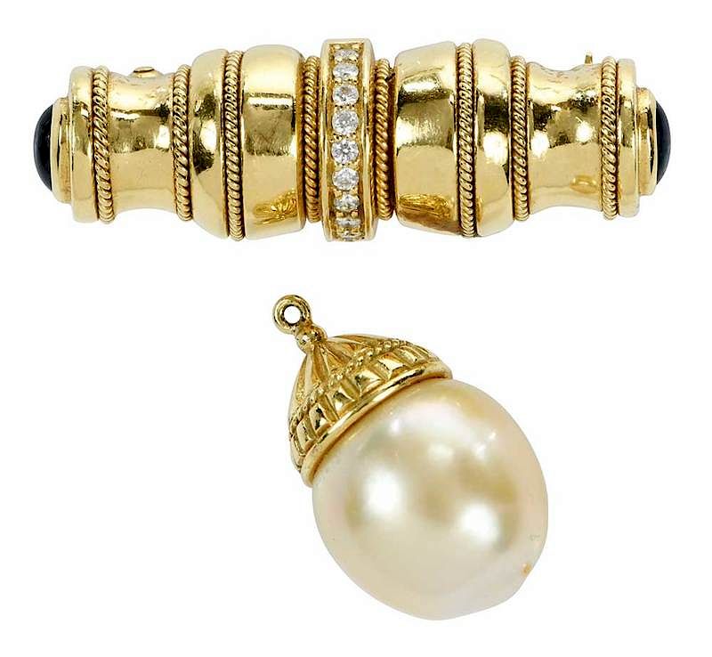 Appraisal: kt Gold Diamond Pearl Sapphire Brooch bar brooch round brilliant