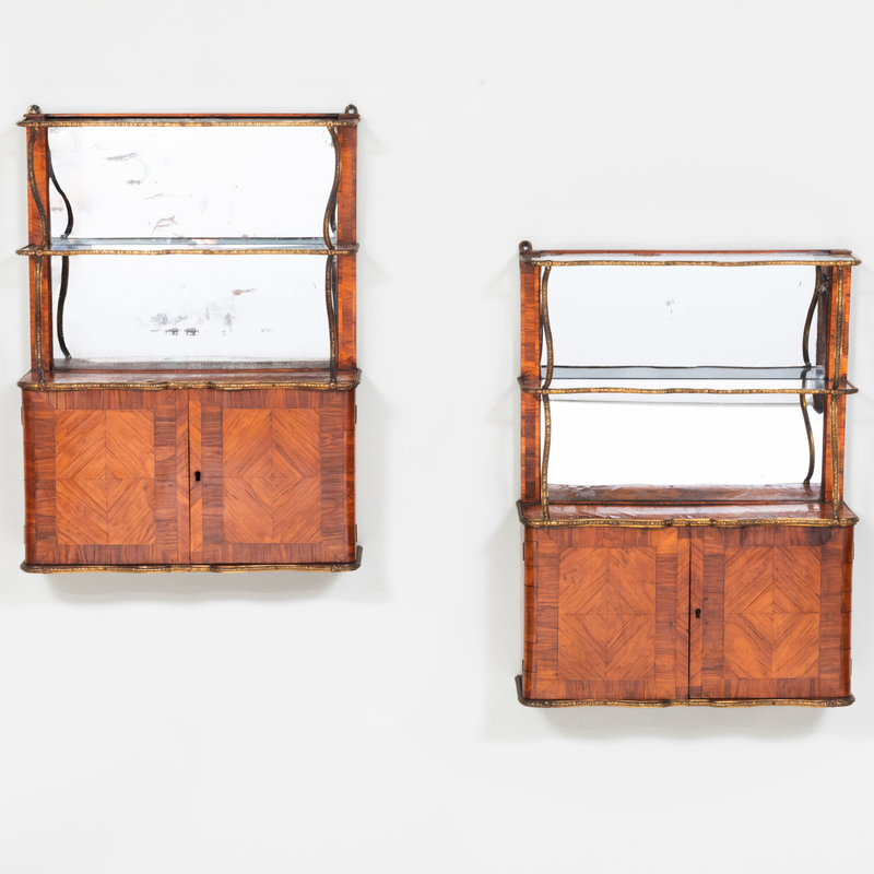 Appraisal: Pair of Victorian Brass-Mounted Tulipwood Parquetry and Mirrored Hanging Shelves