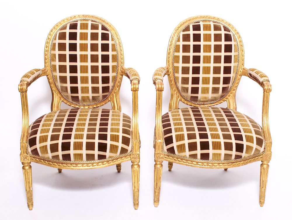 Appraisal: Louis XVI Giltwood Armchair Fauteuils Pair Louis XVI giltwood fauteuils