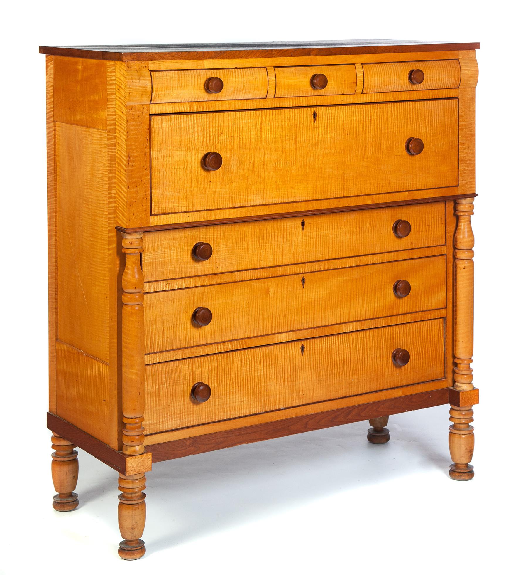 Appraisal: MIDWESTERN EMPIRE TALL CHEST Second quarter- th century curly maple