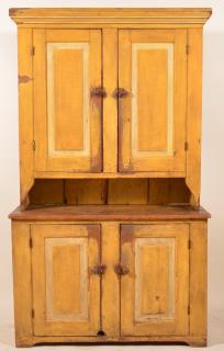 Appraisal: th Century Softwood Step-Back Blind Door Cupboard with Original Yellow