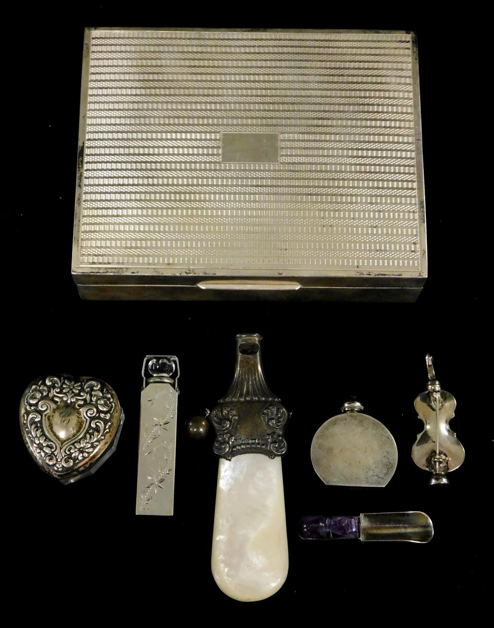 Appraisal: STERLING Seven vanity items including oblong jewelry case with hinged