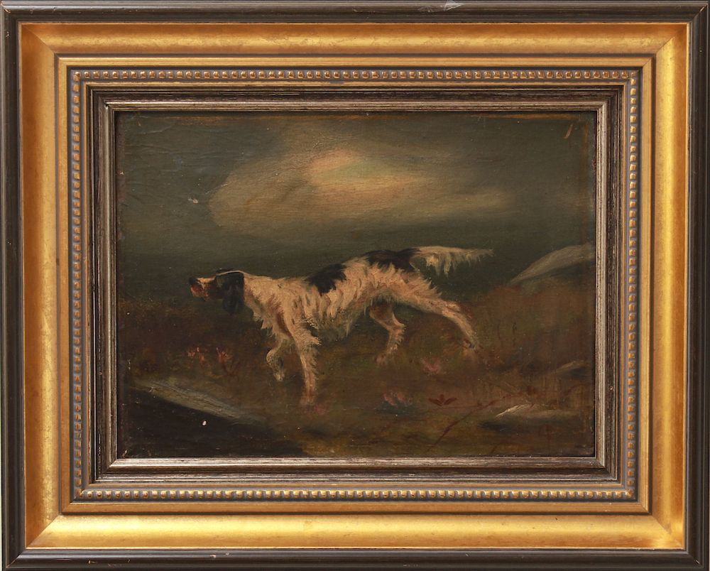 Appraisal: CF Monogrammed Running Dog Oil on Canvas American school oil