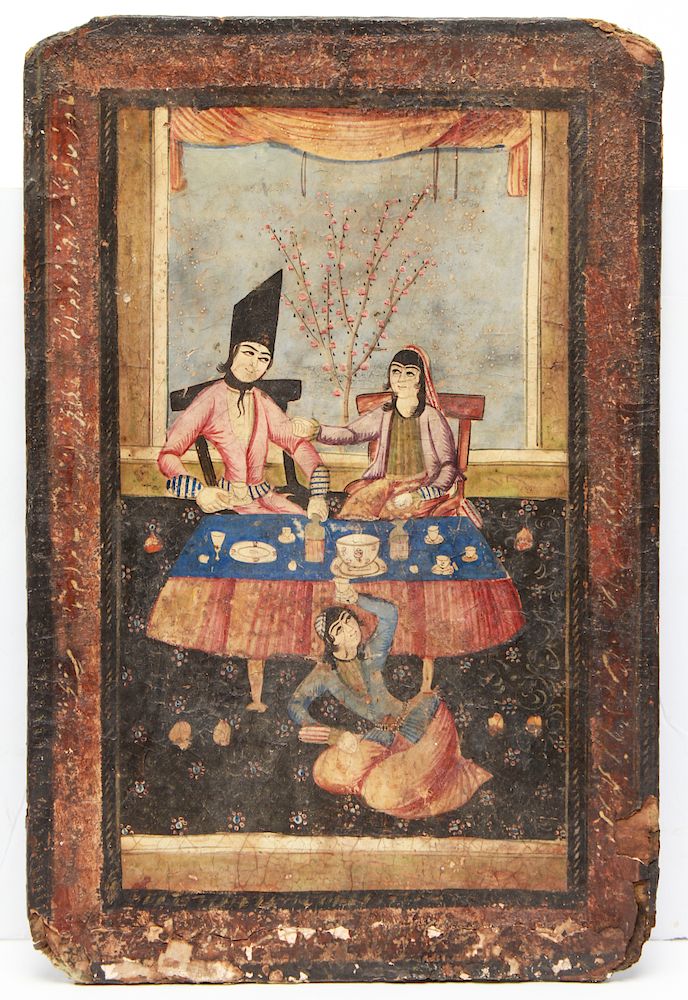 Appraisal: Persian Two-Sided Painting Gilt Tempera Antique Persian double-sided painting depicting