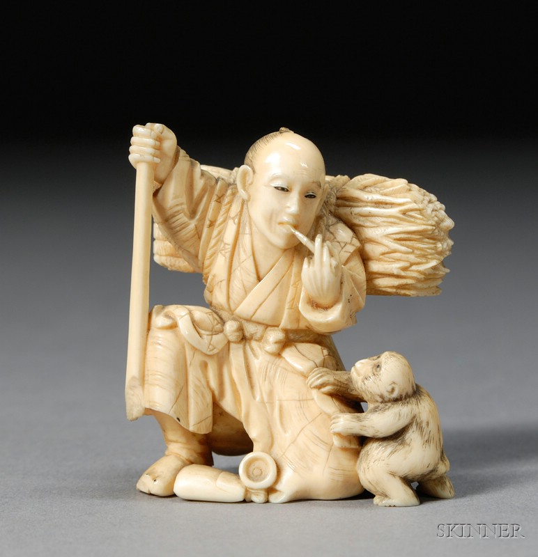 Appraisal: Ivory Carving Japan th century scene of a woodcutter with