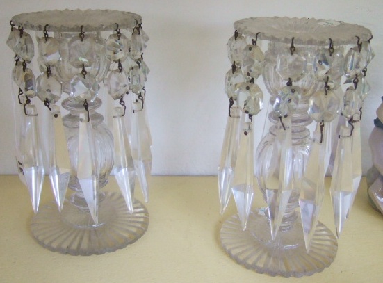 Appraisal: A pair of cut glass Victorian lustre candlesticks hung with