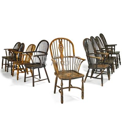 Appraisal: ENGLISH WINDSOR ARMCHAIRS Assembled set of nine in yew wood