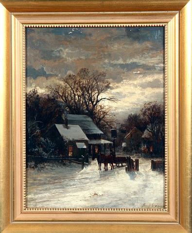 Appraisal: Nocturnal winter scene with village and horsedrawn wagon oil on