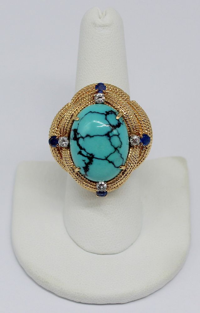 Appraisal: JEWELRY kt Gold Turquoise Diamond and Sapphire Cocktail Ring Vintage