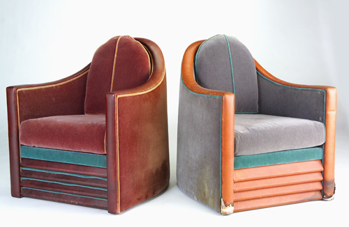 Appraisal: JACK LARRIMORE Two leather and mohair club chairs one in