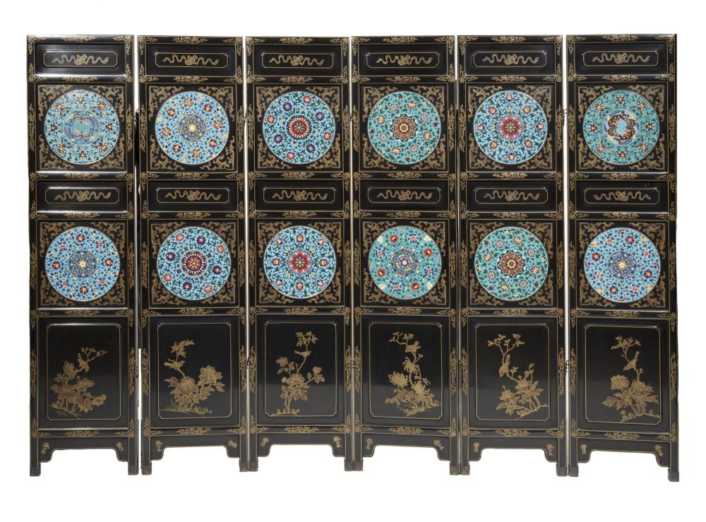 Appraisal: Chinese Cloisonn Enamel-Inset Black Lacquer Six Panel Floor Screen th