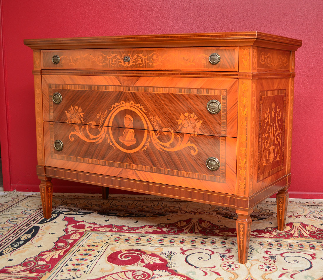 Appraisal: ITALIAN MARQUETRY INLAY CHEST Inlay and banded three drawer chest