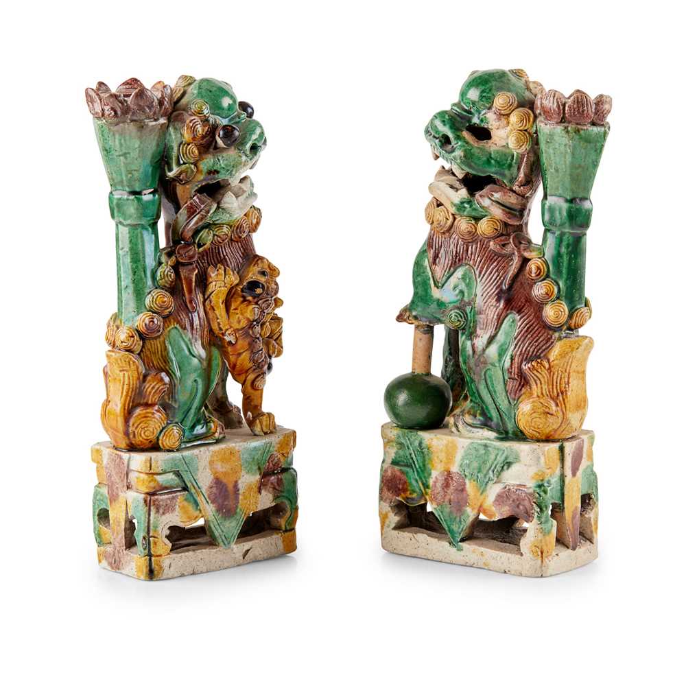 Appraisal: PAIR OF SANCAI-GLAZED JOSS STICK HOLDERS QING DYNASTY TH- TH