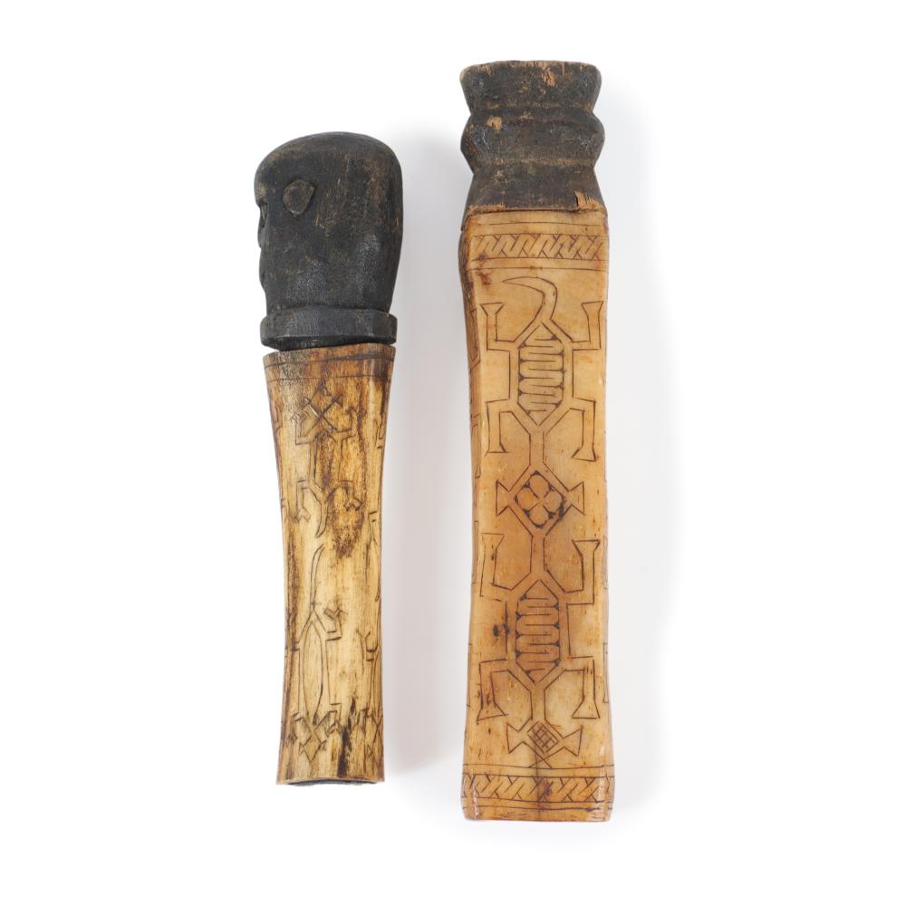 Appraisal: AFRICAN CARVED BONE SCRIMSHAW SNUFF BOTTLES WITH FIGURAL HEAD WOOD